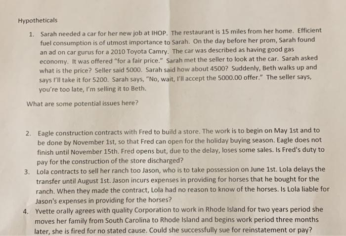 Hypotheticals 1. Sarah needed a car for her new