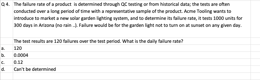 Q4. The failure rate of a product is determined