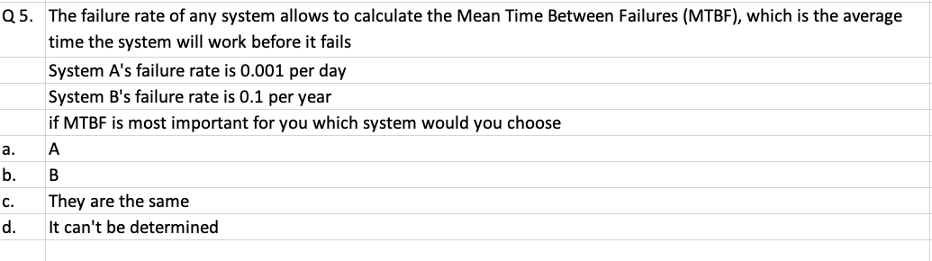 Q5. The failure rate of any system allows to