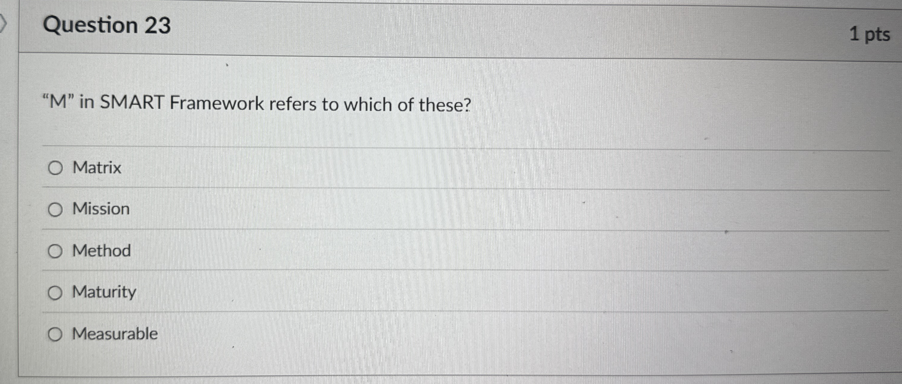 Question 2 3 " M " in SMART Framework refers to