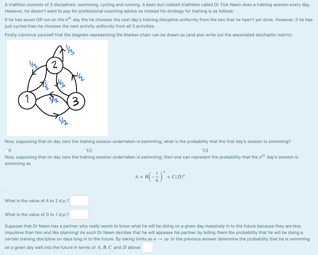 A triathlon consists of 3 disciplines: swimming,