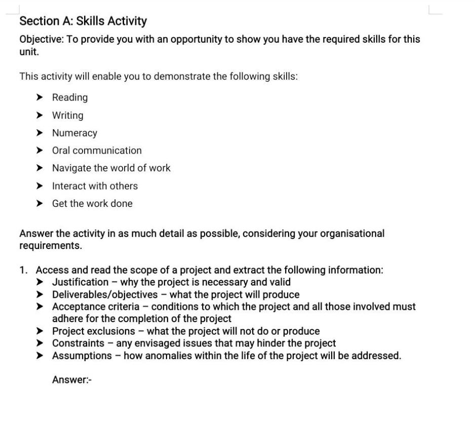 Section A: Skills Activity Objective: To provide