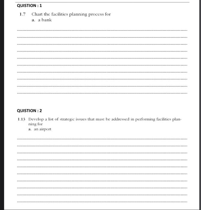 QUISTION : 1 1.7 Chart the facilities planning