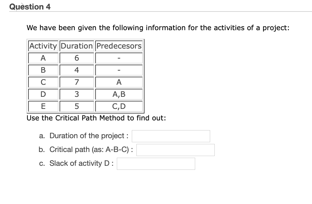 Question 4 We have been given the following