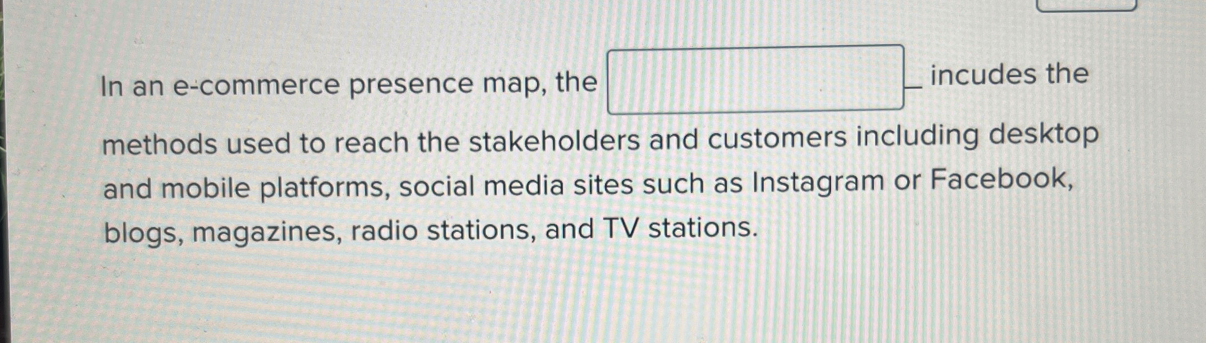 In an e - commerce presence map, the _ incudes