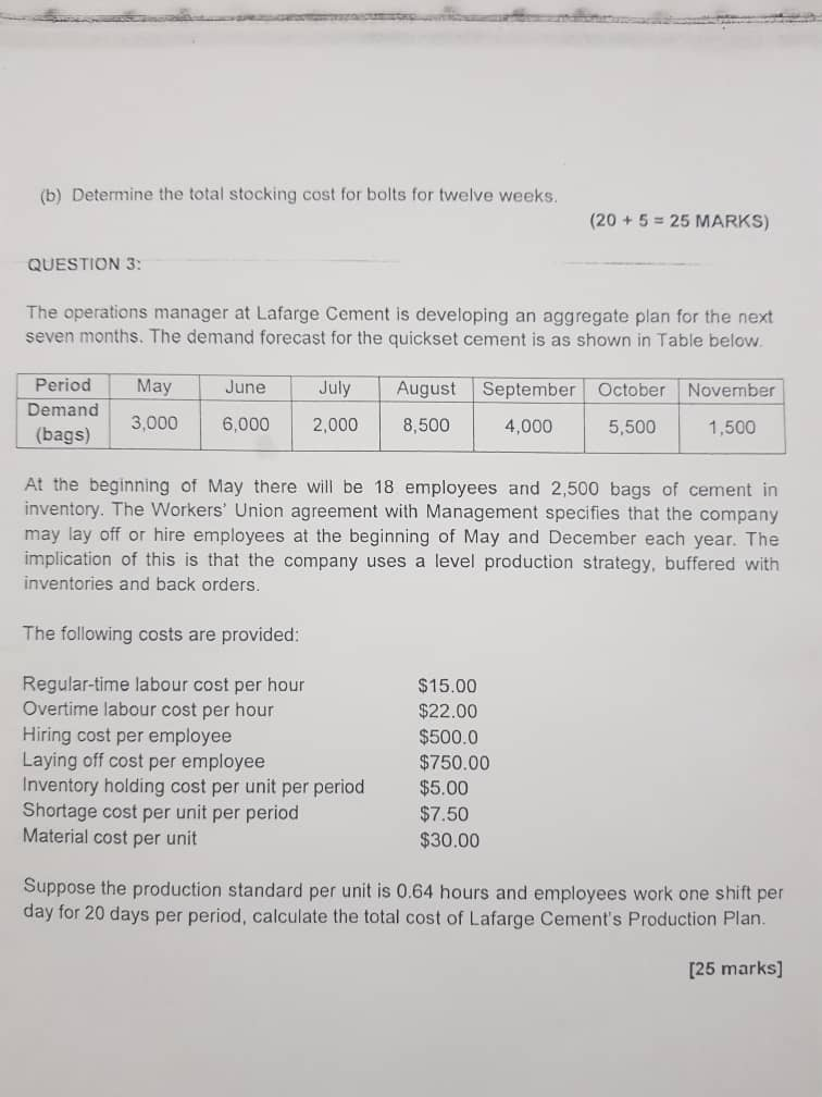 (b) Determine the total stocking cost for bolts