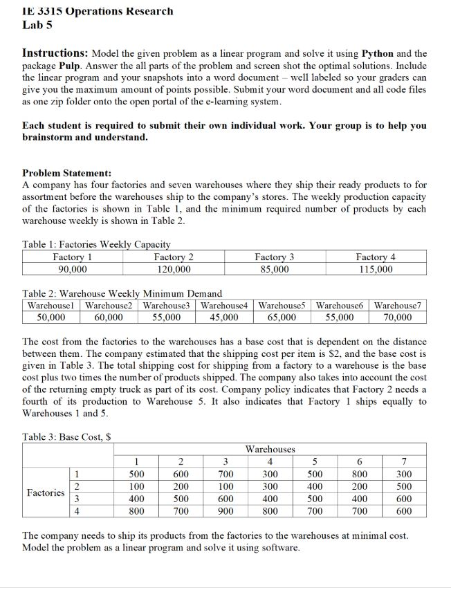 TE 3315 Operations Research Lab 5 Instructions: