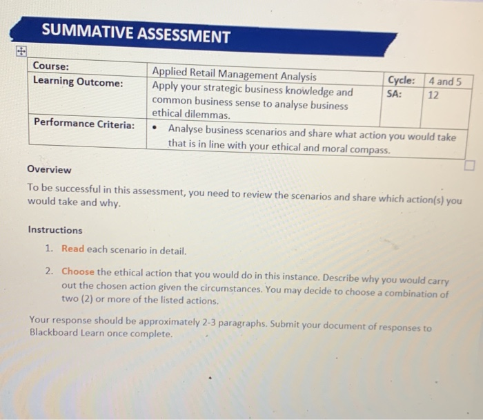 SUMMATIVE ASSESSMENT Course: Learning Outcome: