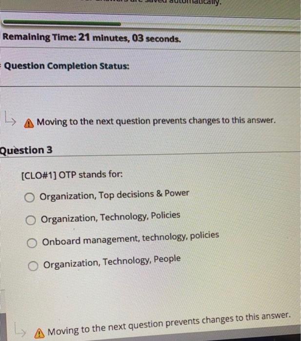 Remaining Time: 21 minutes, 03 seconds. Question