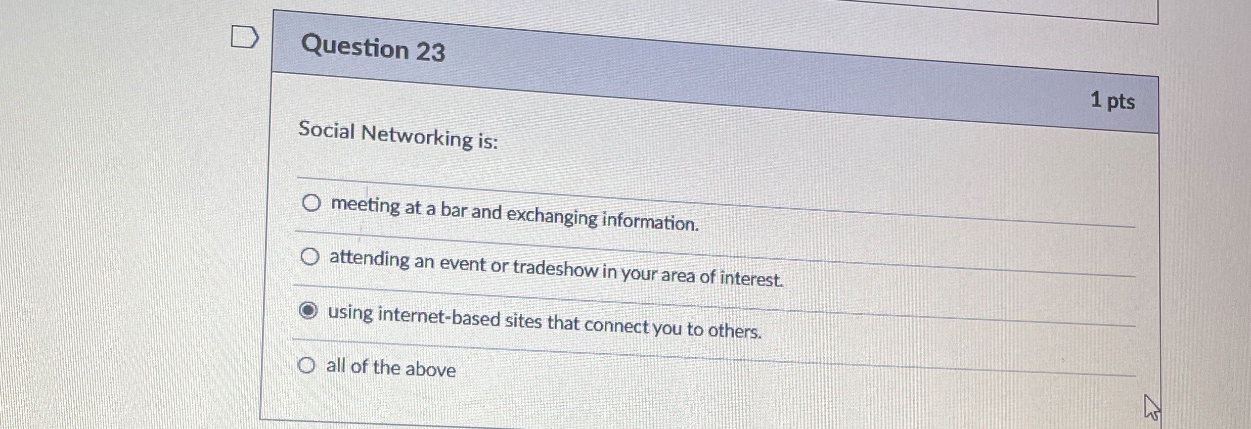 Question 2 3 1 pts Social Networking is: q ,
