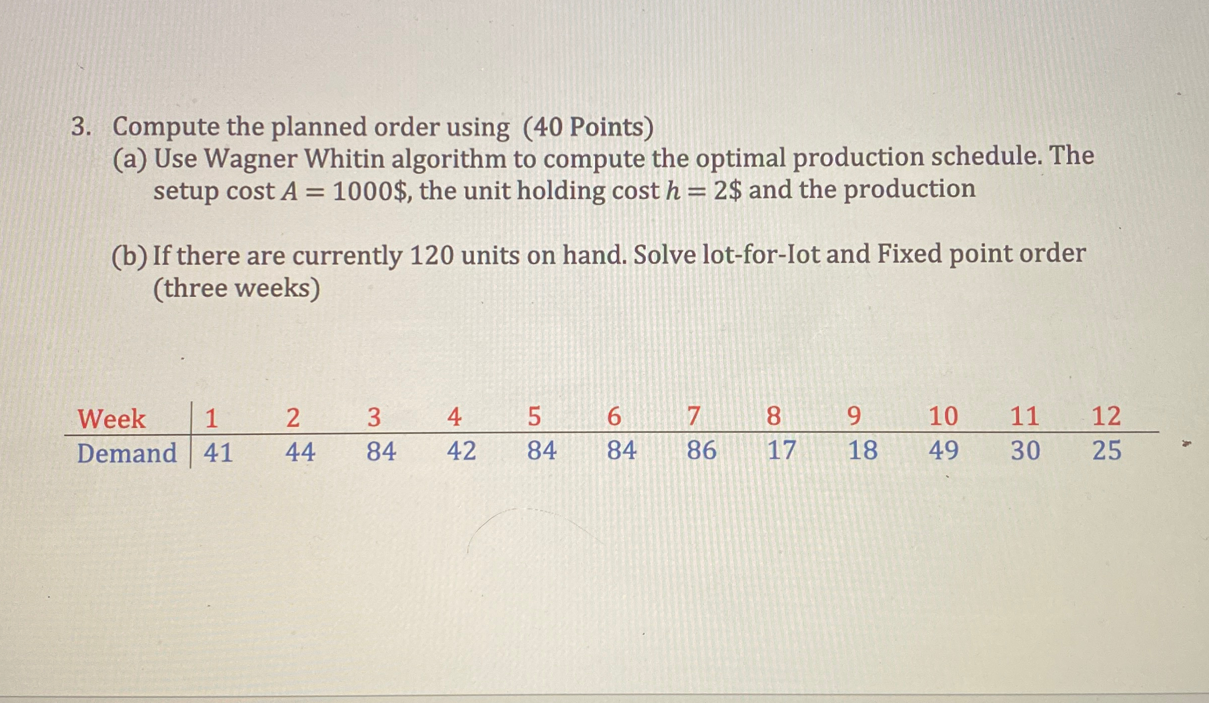 Compute the planned order using ( 4 0 Points ) (