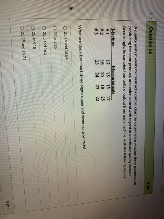 Question 16 4 pts A quality analyst wants to