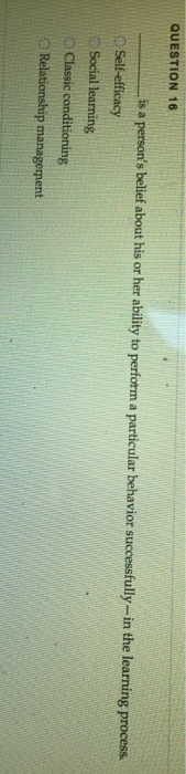 QUESTION 16 is a person's belief about his or her