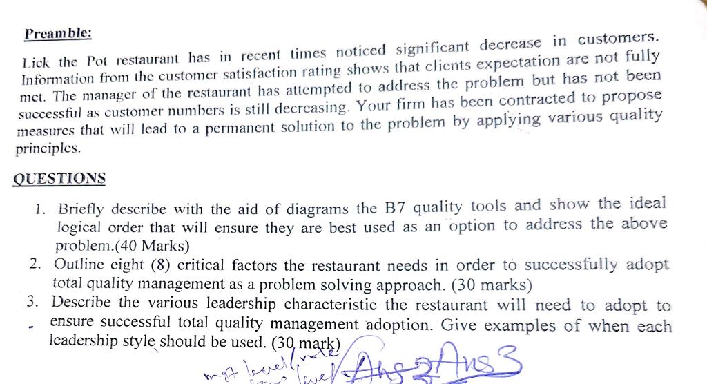 Preamble: Lick the Pot restaurant has in recent