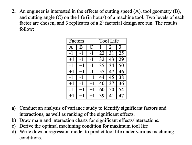 2. An engineer is interested in the effects of