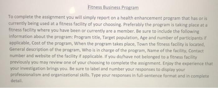 Fitness Business Program To complete the