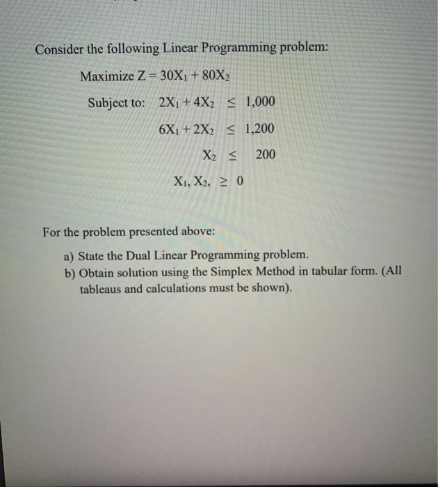 Consider the following Linear Programming
