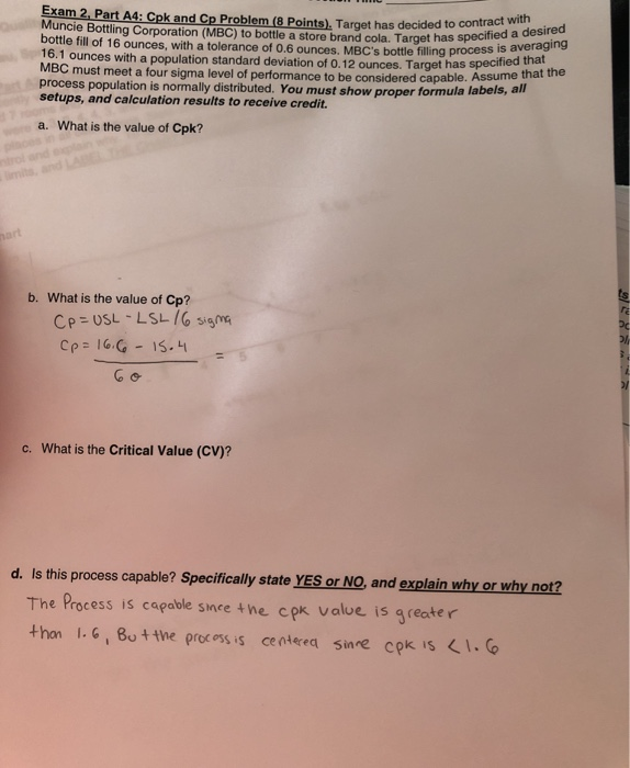 Exam 2 Part A4: Cpk and Cp Problem (8 Points).