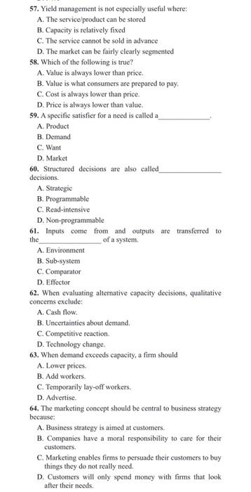 all question please. 57. Yield management is not