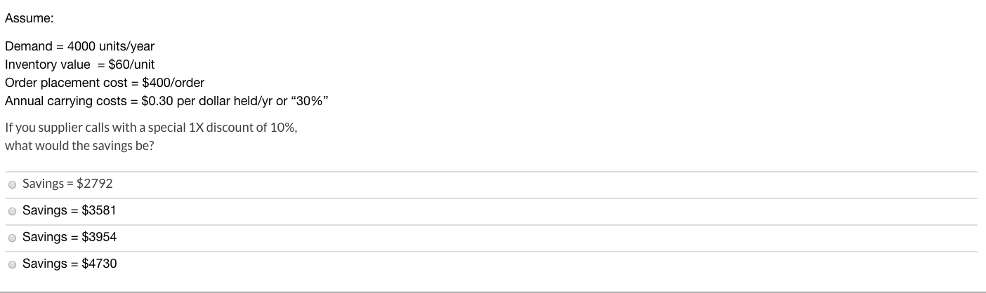 Assume: Demand = 4000 units/year Inventory value