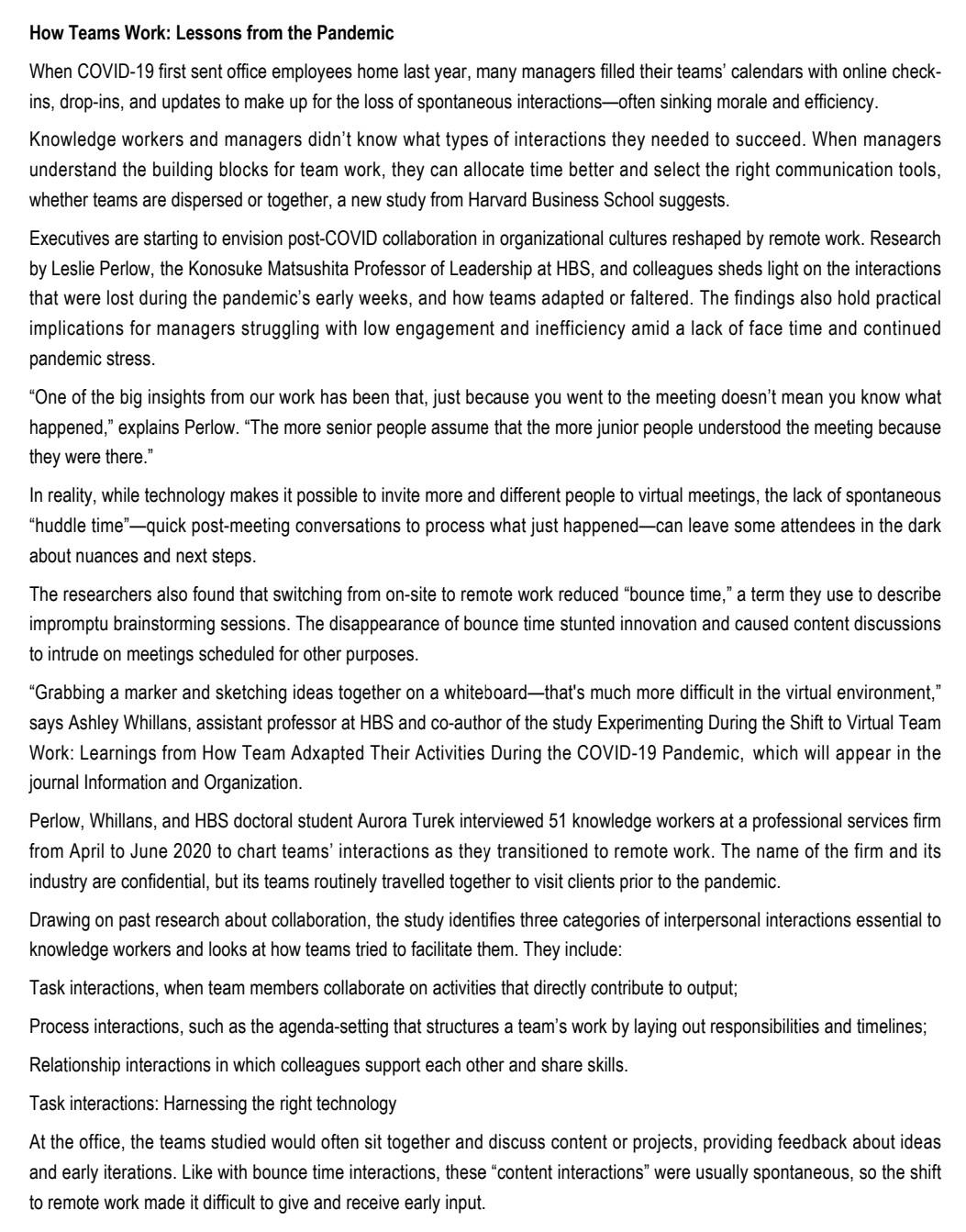 How Teams Work: Lessons from the Pandemic When