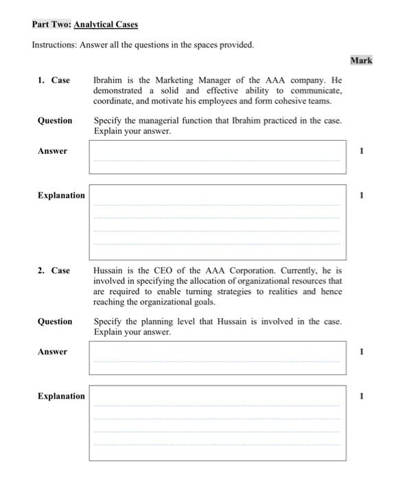 Part Two: Analytical Cases Instructions: Answer