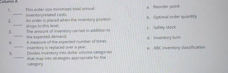 Column A a. Reorder point 1. b. Optimal order
