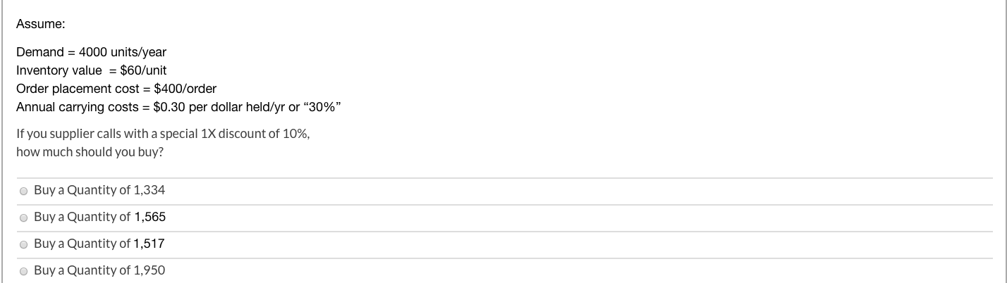 Assume: Demand = 4000 units/year Inventory value