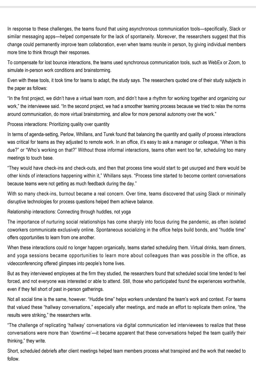 How Teams Work: Lessons from the Pandemic When