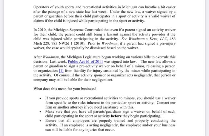 this is the sports liability law in MI that we
