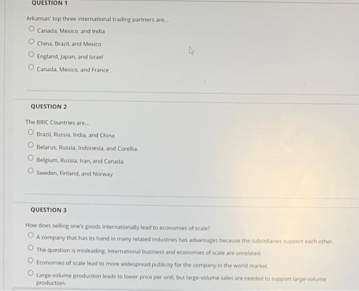 QUESTION 1 Arkansas' top three international