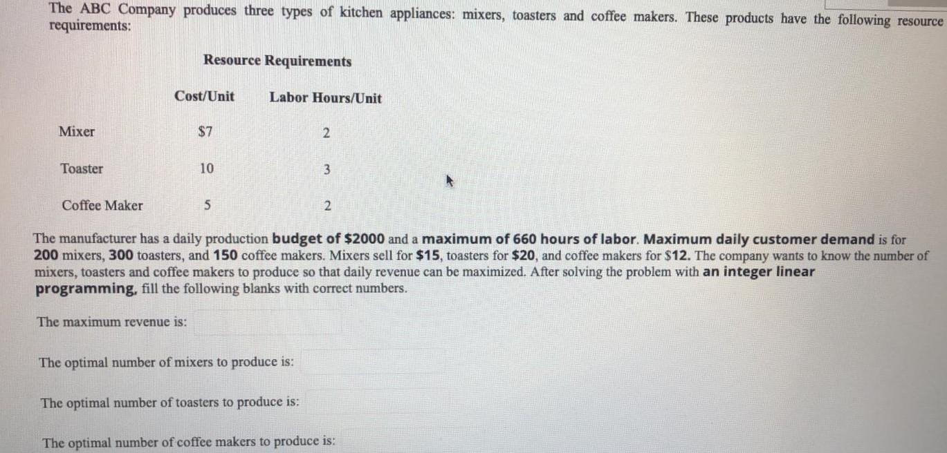 The ABC Company produces three types of kitchen