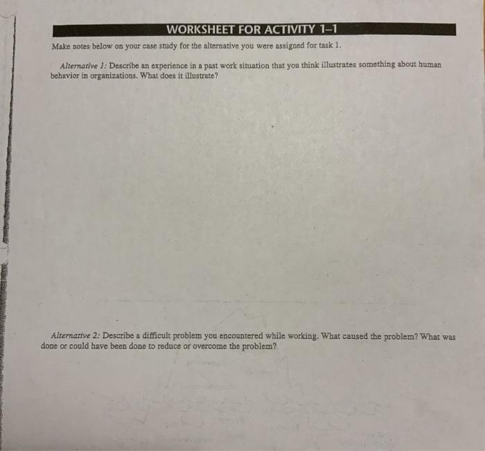 WORKSHEET FOR ACTIVITY 1-1 Make notes below on