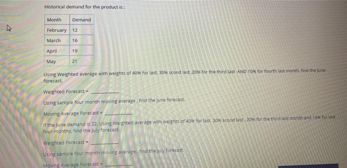 Historical demand for the product is: Month