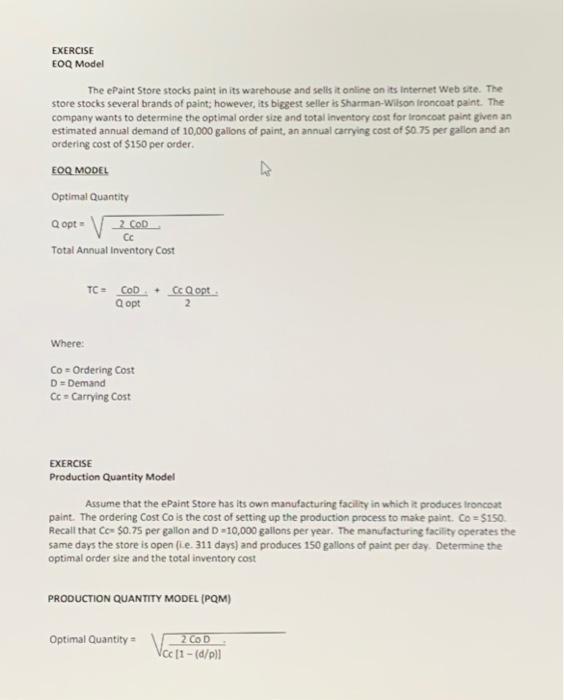 EXERCISE EOQ Model The cPaint Store stocks paint
