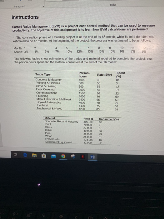 Styles Paragraph Instructions Earned Value