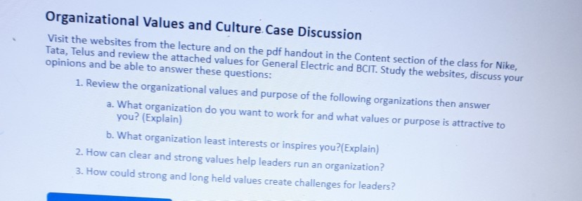 Organizational Values and Culture Case Discussion