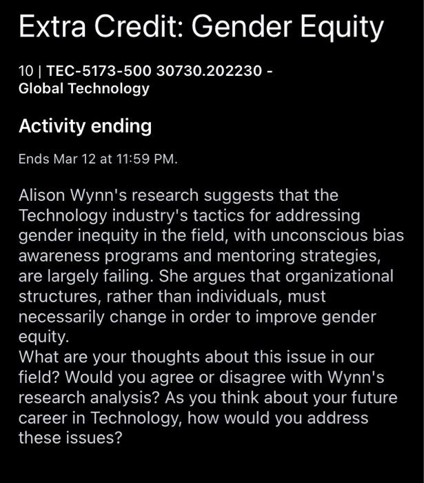 Extra Credit: Gender Equity 10 | TEC-5173-500