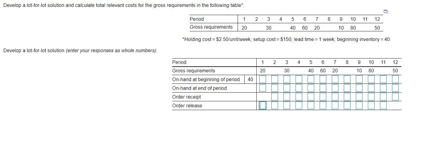 Develop a lot-for-lot solution and calculate