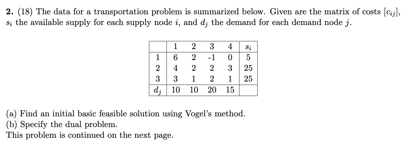 2. (18) The data for a transportation problem is