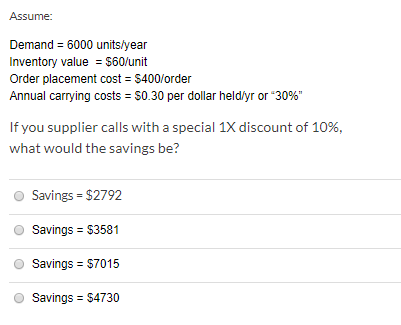 Assume: Demand = 6000 units/year Inventory value
