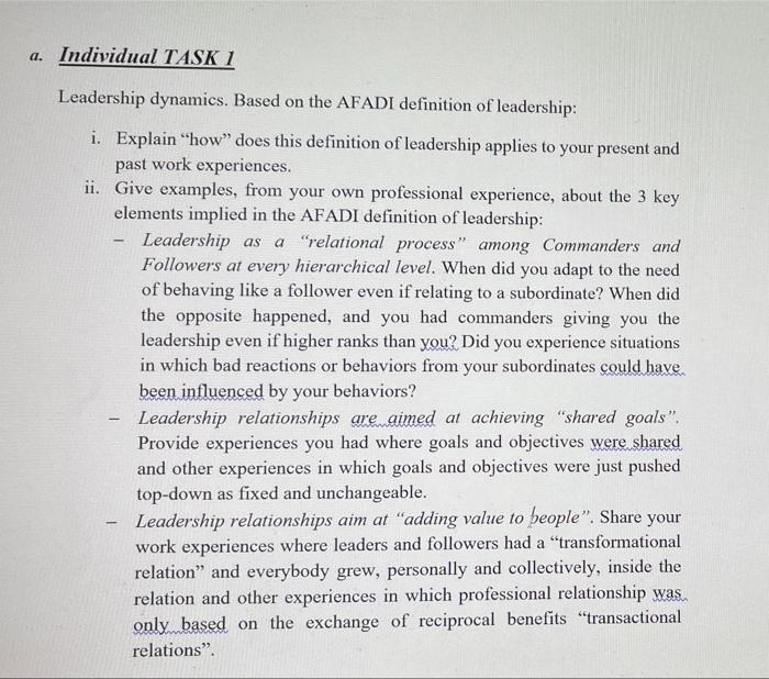 a. Individual TASK 1 a Leadership dynamics. Based