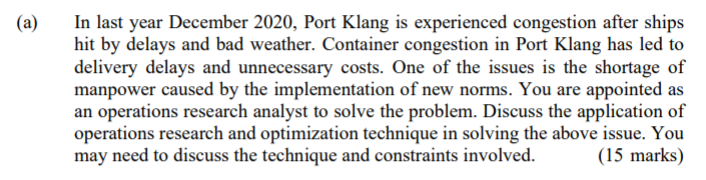 (a) In last year December 2020, Port Klang is