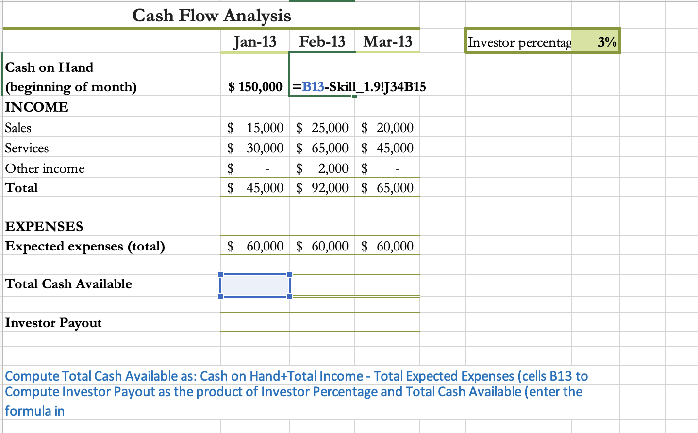 Investor percentag 3% Cash Flow Analysis Jan-13