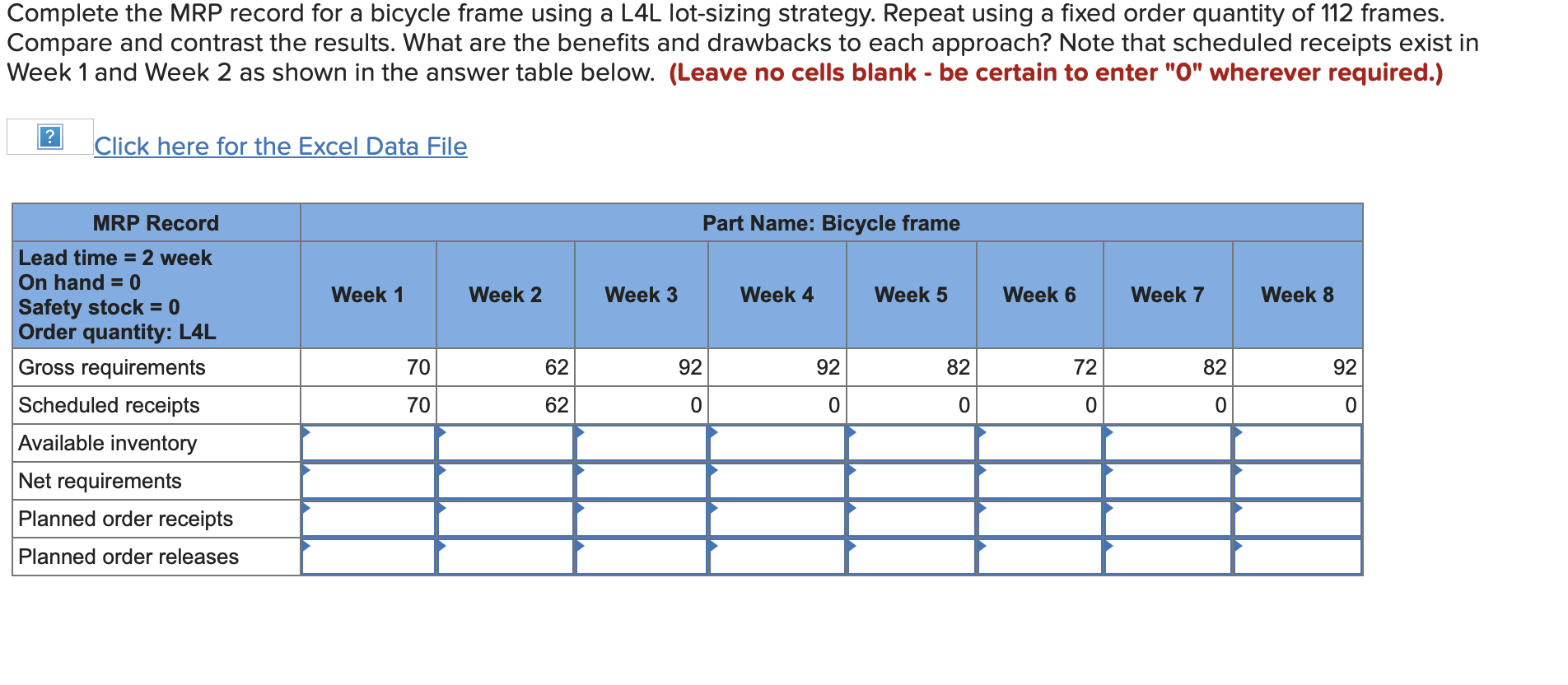 Complete the MRP record for a bicycle frame using