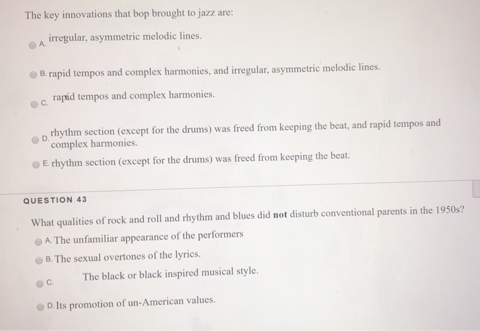 The key innovations that bop brought to jazz are: