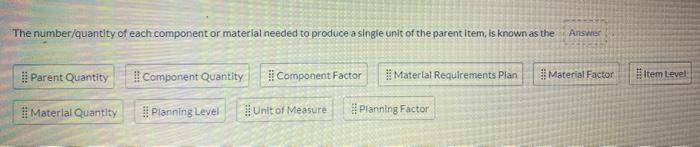 The number/quantity of each component or material
