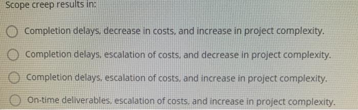 Scope creep results in: Completion delays,