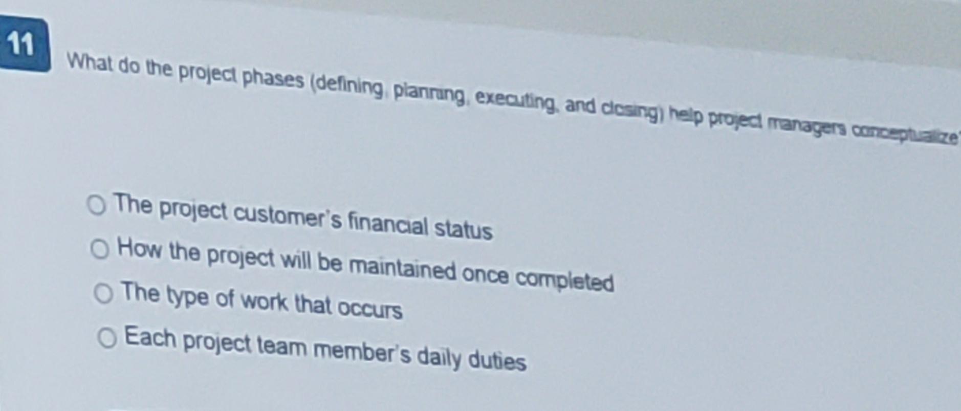 11 What do the project phases (defining planrang,
