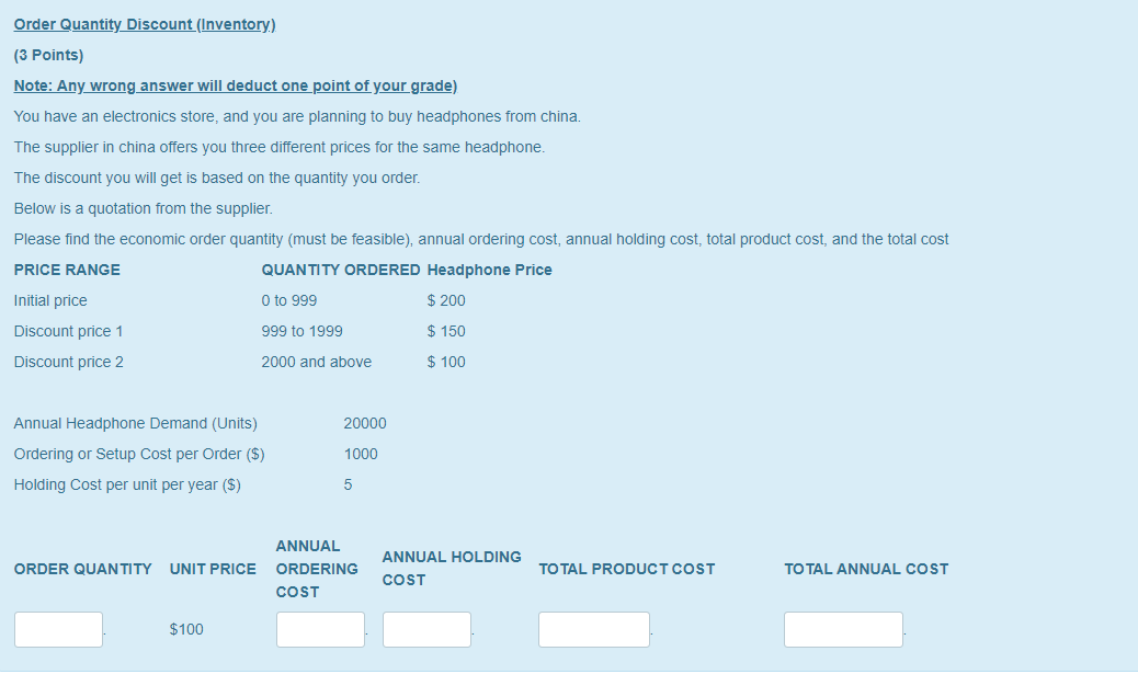 Order Quantity Discount (Inventory.) (3 Points)